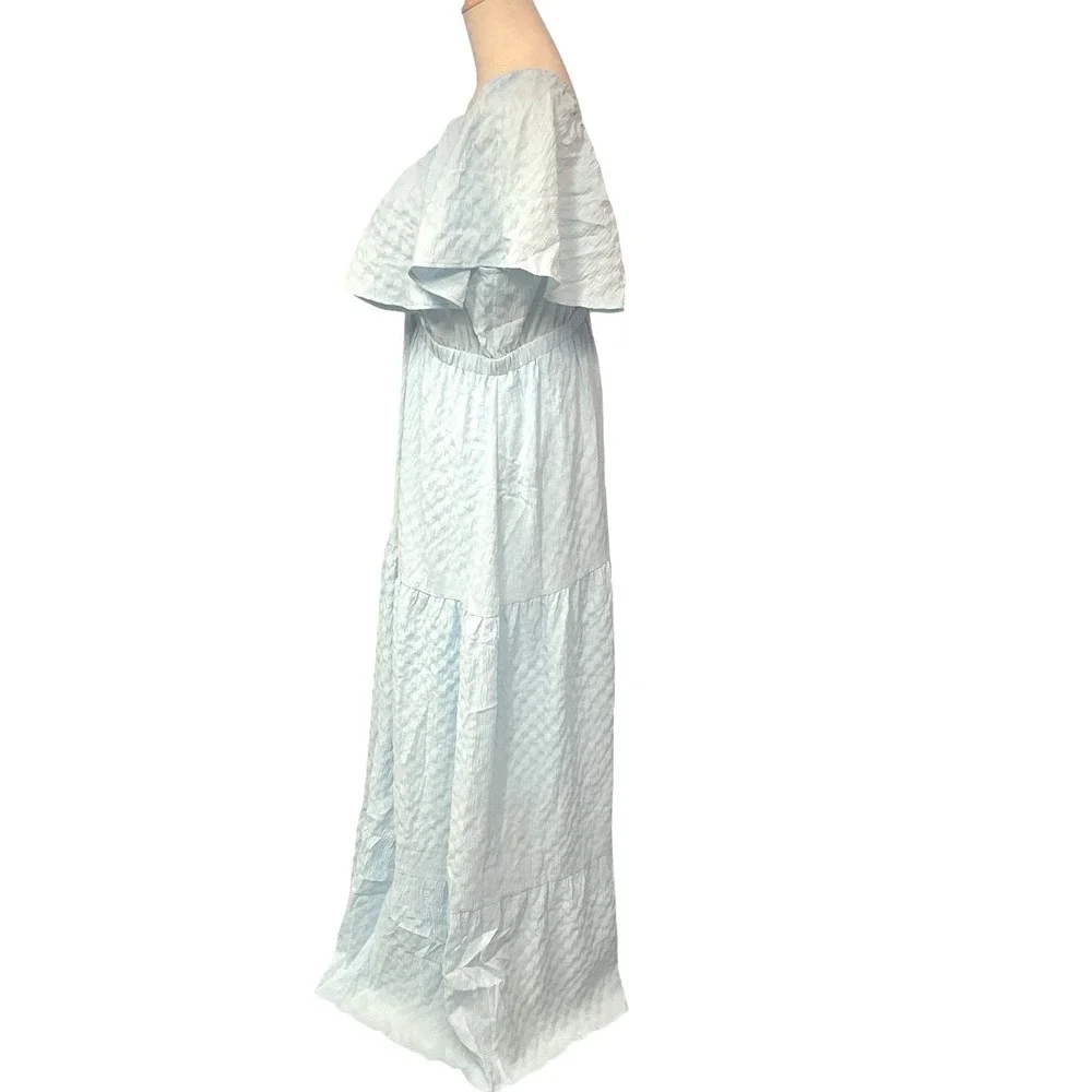 She + Sky Ruffle Sleeve w/ Plunging Neckline Open Back Crepe Blue Maxi Dress 1XL - Picture 4 of 9